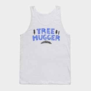 "Tree Hugger" in blue folk art letters with cutouts Tank Top